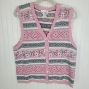 VTG Pink Fair Isle Floral Button Sweater Vest Size Medium
